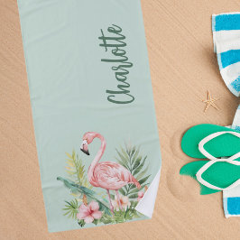 Roze flamingo tropische bloemen saliegroen strandlaken