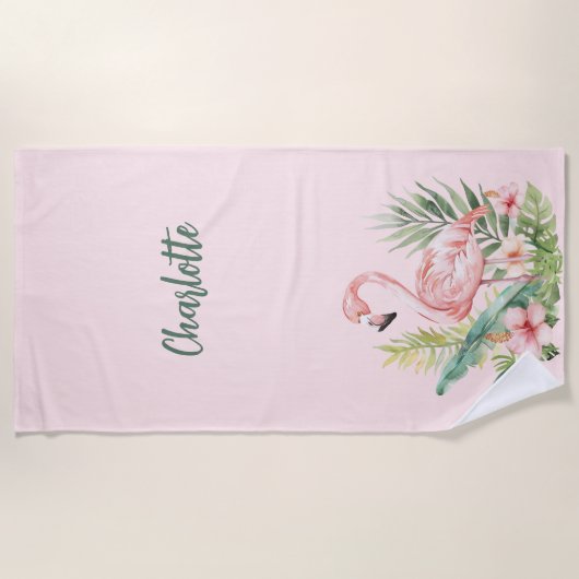 Roze flamingo tropische bloemen strandlaken (Voorkant)