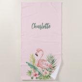 Roze flamingo tropische bloemen strandlaken (Voorkant)