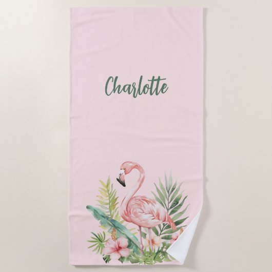 Roze flamingo tropische bloemen strandlaken (Voorkant)