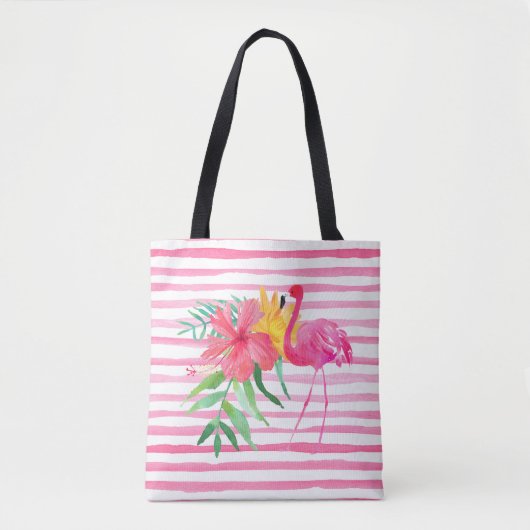 Roze Flamingo Tropische Bloemen Strandtas Tote Bag (Voorkant)