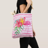Roze Flamingo Tropische Bloemen Strandtas Tote Bag (Dichtbij)