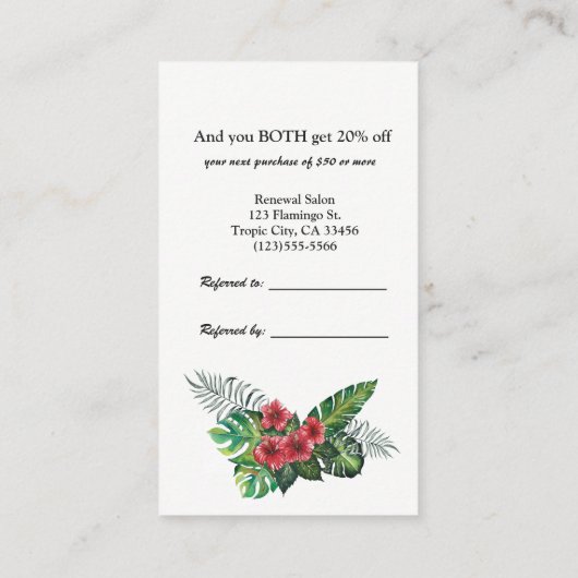 Roze Flamingo Tropische Bloemen Verwijs een Vriend Aanbevelingskaartje (Achterkant)