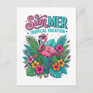 Roze Flamingo Tropische Bloemen - zomer vakantie  Feestdagenkaart