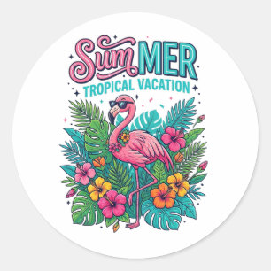 Roze Flamingo Tropische Bloemen - zomer vakantie Ronde Sticker