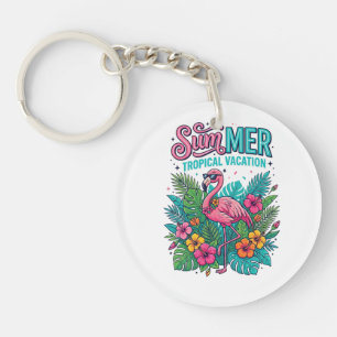Roze Flamingo Tropische Bloemen - zomer vakantie  Sleutelhanger