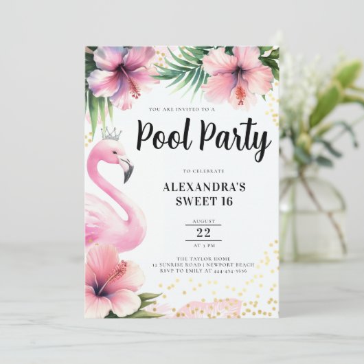 Roze Flamingo Tropische Bloemen Zwembad Party Swee Kaart (Staand voorkant)