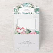 Roze Flamingo Tropische bruiloft All In One Uitnodiging (Buitenkant)