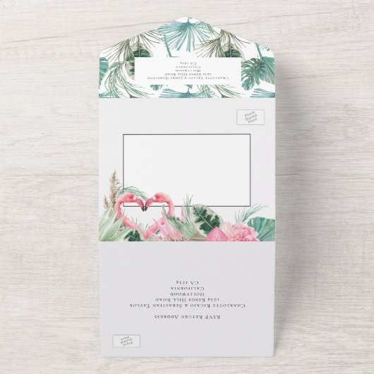 Roze Flamingo Tropische bruiloft All In One Uitnodiging (Buitenkant)
