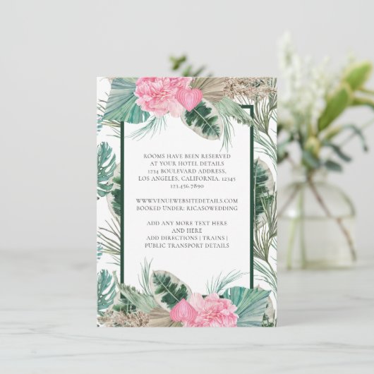 Roze Flamingo Tropische bruiloft Details Informatiekaartje (Staand voorkant)