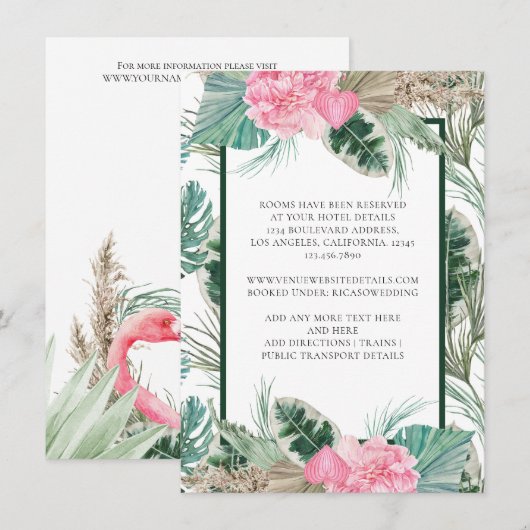 Roze Flamingo Tropische bruiloft Details Informatiekaartje (Voorkant / Achterkant)
