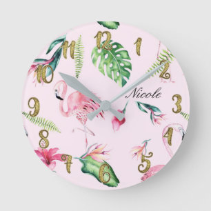 Roze Flamingo & Tropische Floral verlaat Aangepast Ronde Klok