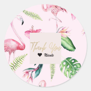 Roze Flamingo Tropische Hibiscus Bloemen Fun Favor Ronde Sticker