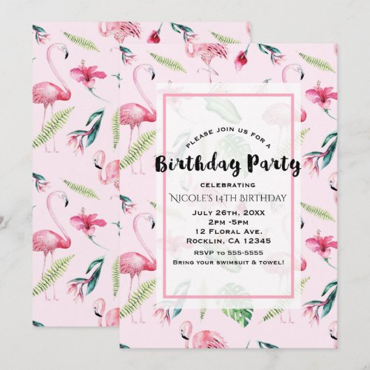 Roze Flamingo Tropische Hibiscus Bloemen Verjaarda Kaart (Voorkant / Achterkant)