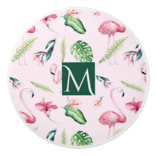 Roze Flamingo Tropische Hibiscus Bloemige Pret Aan Keramische Knop