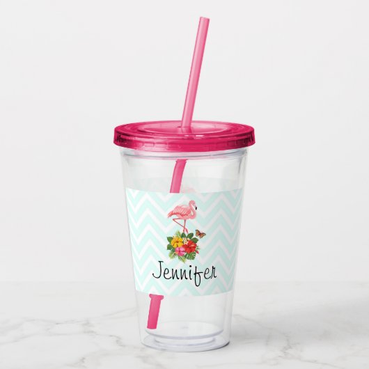 Roze flamingo & Tropische Hibiscus Fancy Acryl Drinkbeker (Achterkant)