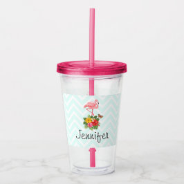 Roze flamingo & Tropische Hibiscus Fancy Acryl Drinkbeker
