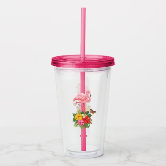 Roze flamingo & Tropische Hibiscus Fancy Acryl Drinkbeker (Voorkant)