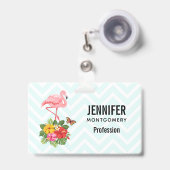 Roze flamingo & Tropische Hibiscus Fancy Badge (Voorzijde met uittrekbare clip)