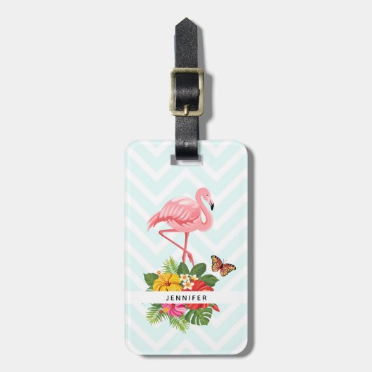 Roze flamingo & Tropische Hibiscus Fancy Bagagelabel (Voorkant verticaal)