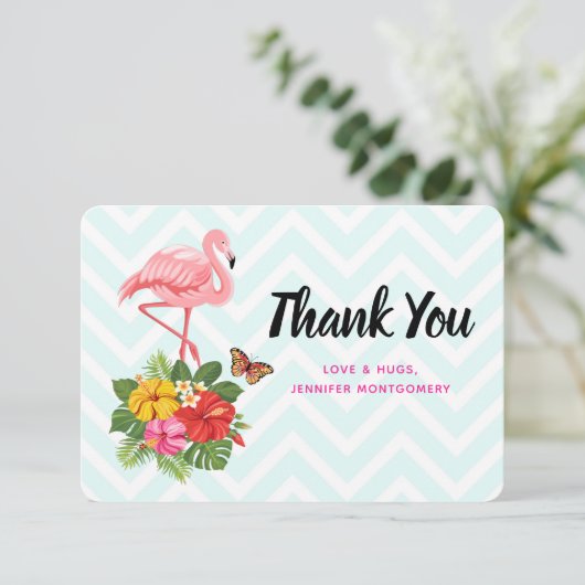Roze flamingo & Tropische Hibiscus Fancy Bedankkaart (Staand voorkant)
