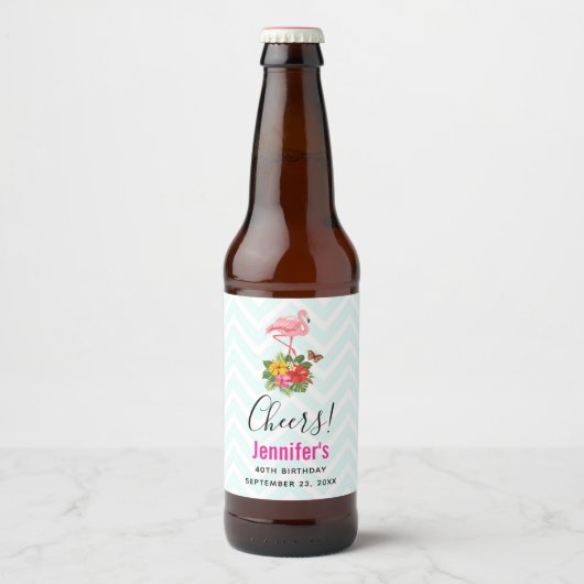 Roze flamingo & Tropische Hibiscus Fancy Bier Etiket (Voorkant)