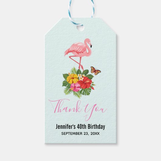 Roze flamingo & Tropische Hibiscus Fancy Dank u we Cadeaulabel (Voorkant)