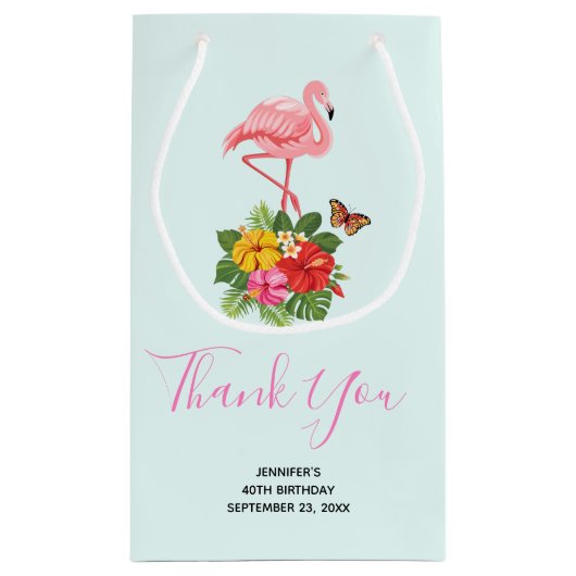 Roze flamingo & Tropische Hibiscus Fancy Dank u we Klein Cadeauzakje (Achterkant)