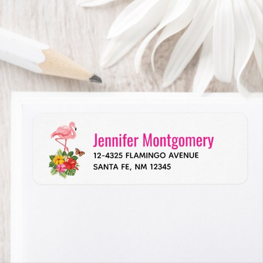 Roze flamingo & Tropische Hibiscus Fancy Etiket (Insitu)