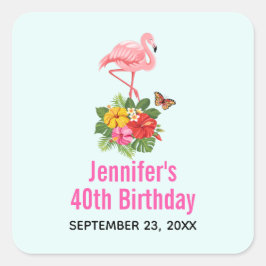 Roze Flamingo & Tropische Hibiscus Fancy Event Vierkante Sticker