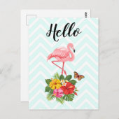 Roze Flamingo & Tropische Hibiscus Fancy Hallo Briefkaart (Voorkant / Achterkant)