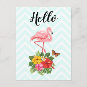 Roze Flamingo & Tropische Hibiscus Fancy Hallo Briefkaart