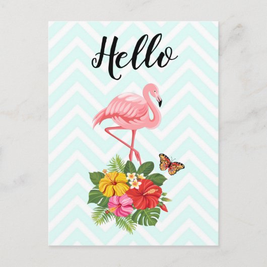 Roze Flamingo & Tropische Hibiscus Fancy Hallo Briefkaart (Voorkant)