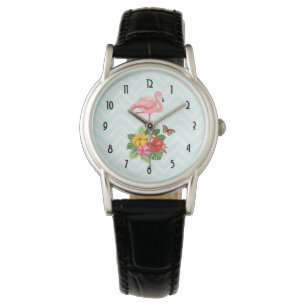 Roze flamingo & Tropische Hibiscus Fancy Horloge