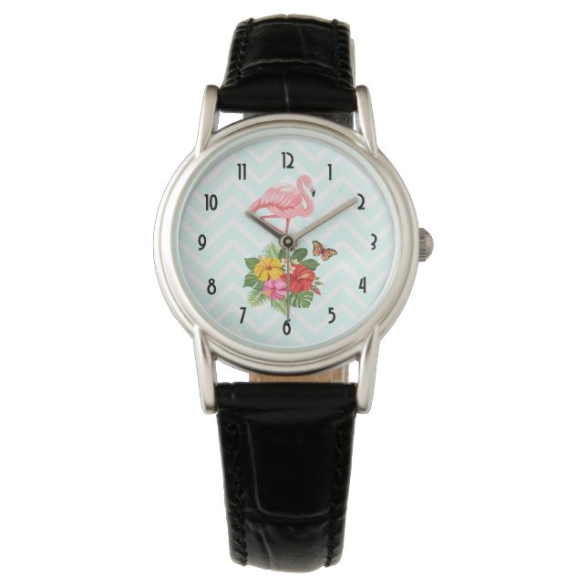 Roze flamingo & Tropische Hibiscus Fancy Horloge (Voorkant)