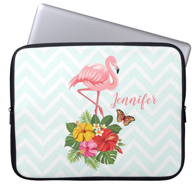 Roze flamingo & Tropische Hibiscus Fancy Laptop Sleeve (Voorkant)