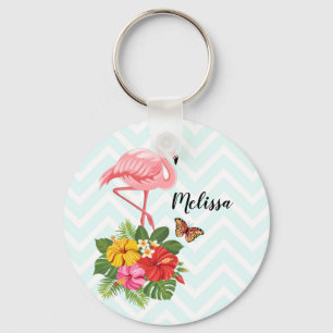 Roze flamingo & Tropische Hibiscus Fancy Sleutelhanger