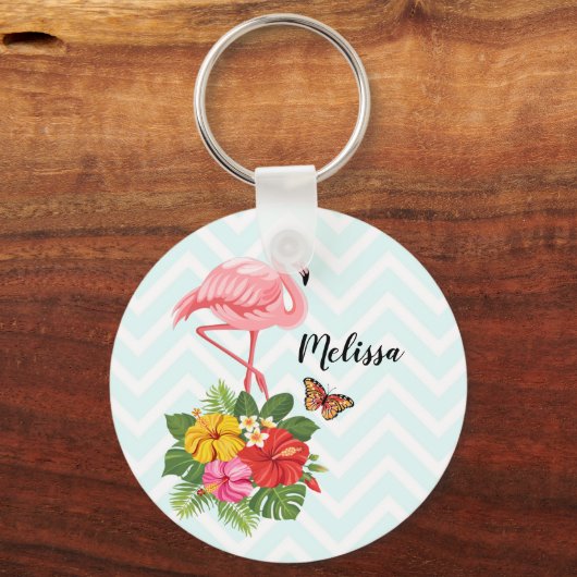 Roze flamingo & Tropische Hibiscus Fancy Sleutelhanger (Voorkant)