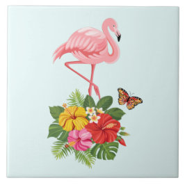 Roze flamingo & Tropische Hibiscus Fancy Tegeltje