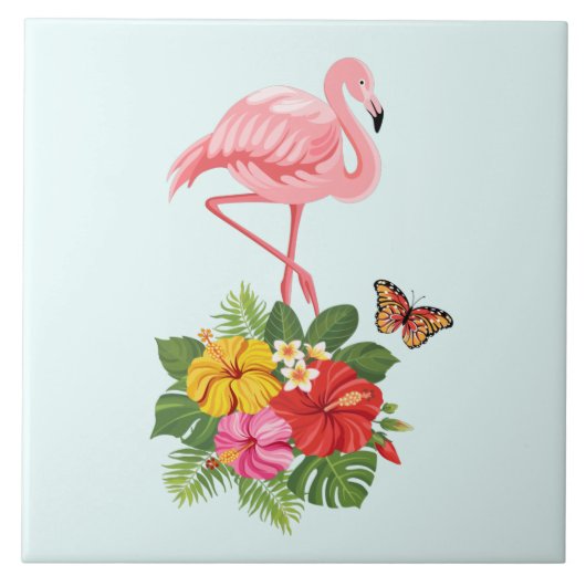 Roze flamingo & Tropische Hibiscus Fancy Tegeltje (Voorkant)