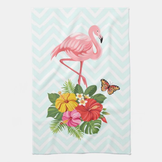 Roze flamingo & Tropische Hibiscus Fancy Theedoek (Verticaal)