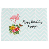 Roze Flamingo & Tropische Hibiscus Fancy Verjaarda Groot Cadeauzakje (Voorkant)