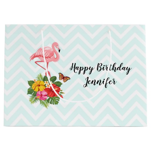 Roze Flamingo & Tropische Hibiscus Fancy Verjaarda Groot Cadeauzakje (Voorkant)