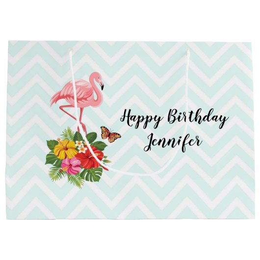 Roze Flamingo & Tropische Hibiscus Fancy Verjaarda Groot Cadeauzakje (Achterkant)