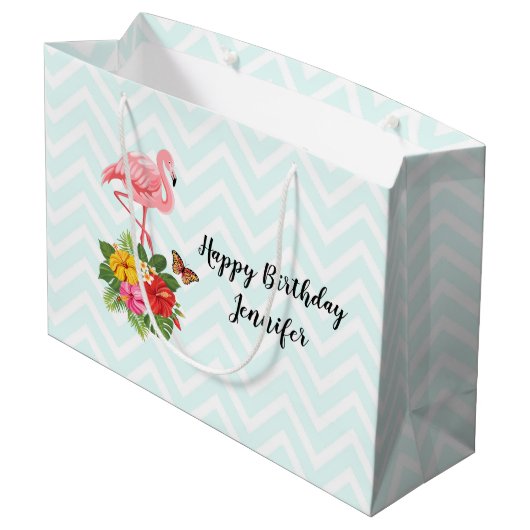 Roze Flamingo & Tropische Hibiscus Fancy Verjaarda Groot Cadeauzakje (Achterkant Gekanteld)