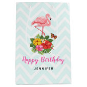 Roze Flamingo & Tropische Hibiscus Fancy Verjaarda Medium Cadeauzakje (Voorkant)