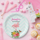 Roze Flamingo & Tropische Hibiscus Fancy Verjaarda Papieren Bordje (Feest)