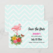 Roze Flamingo & Tropische Hibiscus Fancy Verjaarda Save The Date (Voorkant / Achterkant)