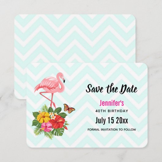 Roze Flamingo & Tropische Hibiscus Fancy Verjaarda Save The Date (Voorkant / Achterkant)