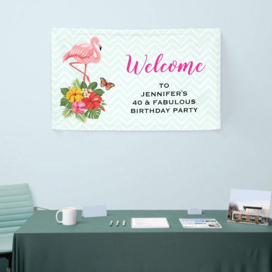 Roze Flamingo & Tropische Hibiscus Fancy Verjaarda Spandoek (Beurs)